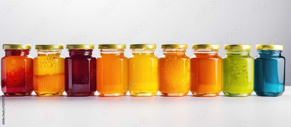 Poster hexagonal jars with different types and colors of fresh flower honey vitamin food for health and lif