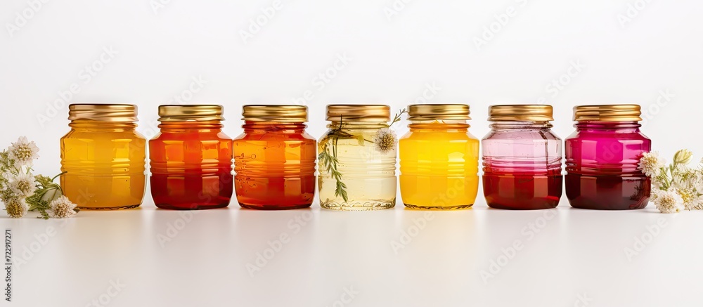 Poster hexagonal jars with different types and colors of fresh flower honey vitamin food for health and lif