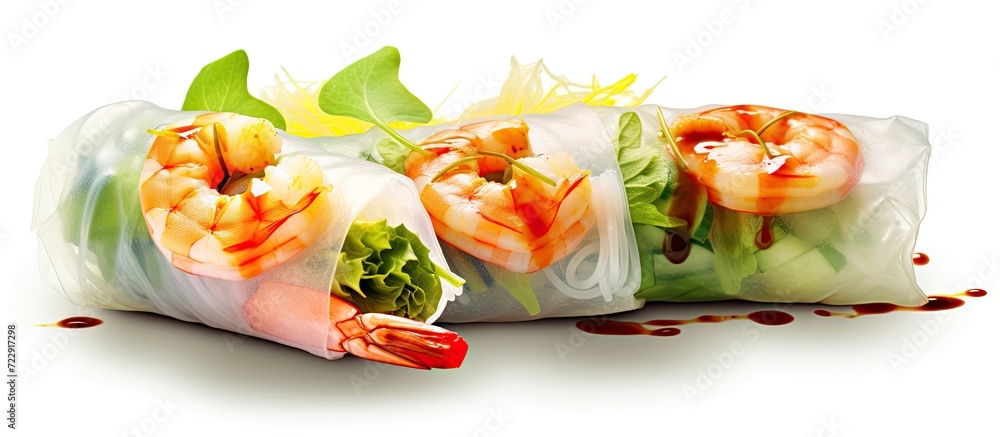 Poster fresh spring rolls with shrimp in rice paper rice paper rolls with shrimp rice noodles mango lettuce