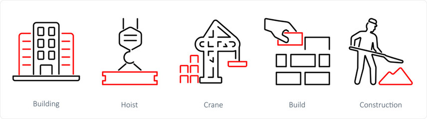 A set of 5 Build icons as building, hoist, crane