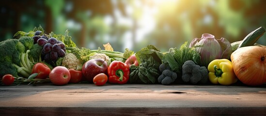 Fresh organic vegetables ane fruits on wood table in the garden. Creative Banner. Copyspace image - obrazy, fototapety, plakaty