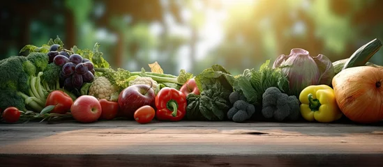 Rolgordijnen Fresh organic vegetables ane fruits on wood table in the garden. Creative Banner. Copyspace image © HN Works
