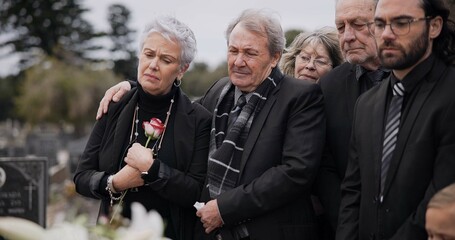Death, funeral and elderly couple sad together at pain or grief for death and loss during a...