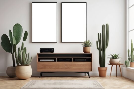 Elegant and retro decor of living room with design commode, coffee table vinyl recorder, cacti and mock up posters frames on the white walls