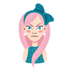Young angry woman with pink hair.Emotions.Bow in her hair, star earrings.Portrait, face, avatar.Cartoon vector illustration on a white background