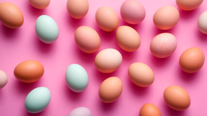 Macro photo of a pastel colors eggs background.Minimal fashion concept on pink background. Generative AI