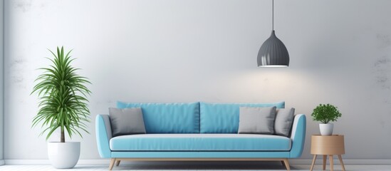 Grey lamp above white wooden coffee table next to blue elegant couch in bright living room interior with plant in black pot and scandinavian ladder. Creative Banner. Copyspace image