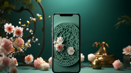 Mockup smartphone Chinese New Year, a festive digital display, showcases the cultural celebration in the palm of your hand, blending technology with tradition for a visually captivating and auspicious