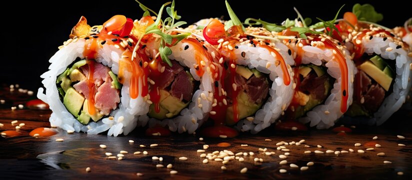 Homemade futomaki maki sushi roll with tuna fish paste Table spin. Creative Banner. Copyspace image