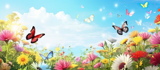 How beautifully the yellow and orange flowers are blooming the butterflies are floating on the flowers it looks very beautiful full of green nature around the open sky is shining and the sun is