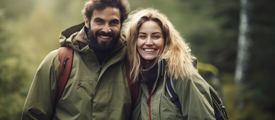 Glad young caucasian couple in jackets enjoy journey points finger at copy space rest in forest outdoor close up Hiking active lifestyle adventure and tourism people emotions. Creative Banner