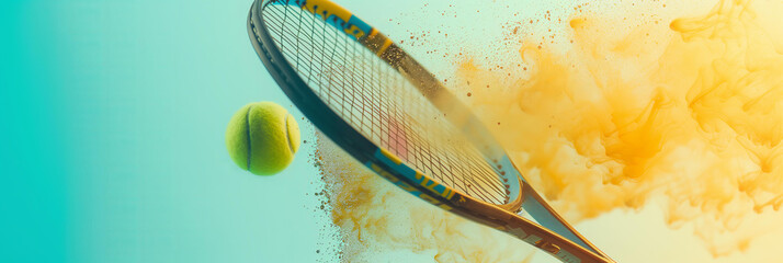 tennis racket hits the ball with color explostion on the cort. pastel green and yellow colors
