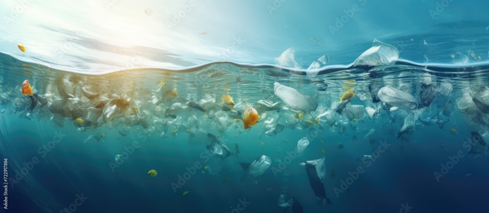 Poster garbage plastic bottle floats in blue sea water with underwater pollution of the environment and oce