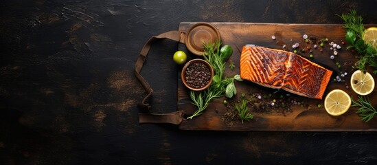 Grilled salmon fillets sesame seeds herb decoration and black slate board on old oak table. Creative Banner. Copyspace image - obrazy, fototapety, plakaty