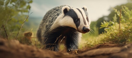 Honey badger Mellivora capensis also known as the ratel in the dark forest habitatr Black and grey badger from Okavango delta Botswana in Africa Wildlife scene from African nature. Creative Banner