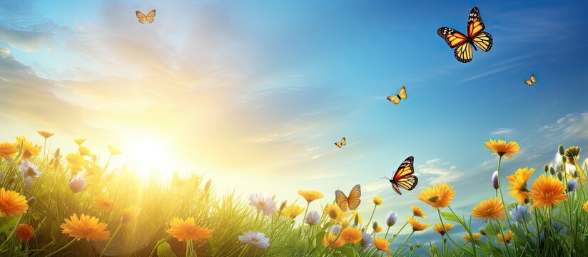 How beautifully beautiful butterflies are floating on beautiful flowers it looks amazing full of green nature around open sky shining sun around. Creative Banner. Copyspace image
