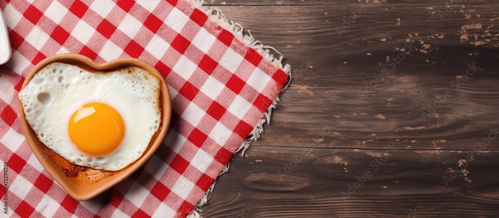 Poster fried egg in heart shape on vintage tablecloth breakfast for a loved one. creative banner. copyspace