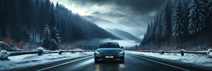 Fototapete Nordeuropa car is driving on highway road with snow in nature with a snowy forest in winter on a journey
