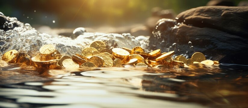 Gold Nugget mining from the River with a gold pan and find some big gold nugget. Creative Banner. Copyspace image