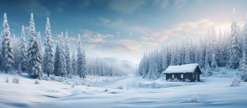 In front of a pine forest small wooden houses and pine trees stand in the snowfall Snowed in pine trees and a log cabin in front of the pine forest. Creative Banner. Copyspace image
