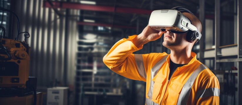 Happy mature worker of factory wearing vr headset and workwear looking at cameras while standing by industrial machine. Creative Banner. Copyspace image