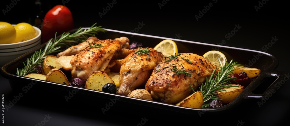 Wall mural Grilled chicken Rosemary lemon quartered chicken with roasted potatoes. Creative Banner. Copyspace image