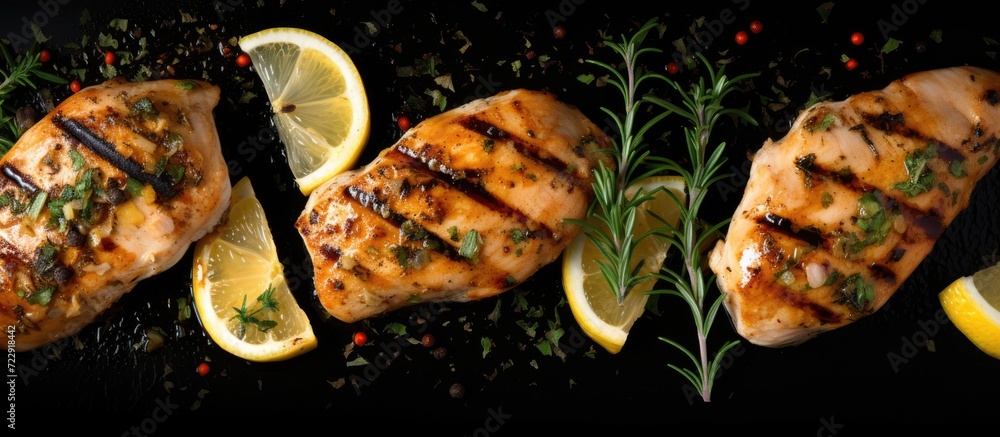 Poster grilled chicken breasts with thyme garlic and lemon slices on a grill pan close up top view. creativ