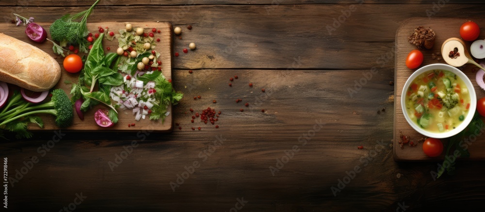 Poster homemade vegetarian lunch green bean soup with vegetables on wooden table top view. creative banner.