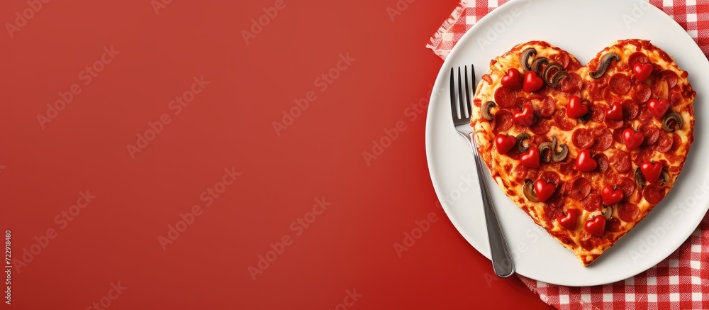 Poster fresh baked slice of thin crust supreme pizza sitting on white plate with red heart napkin and fork.