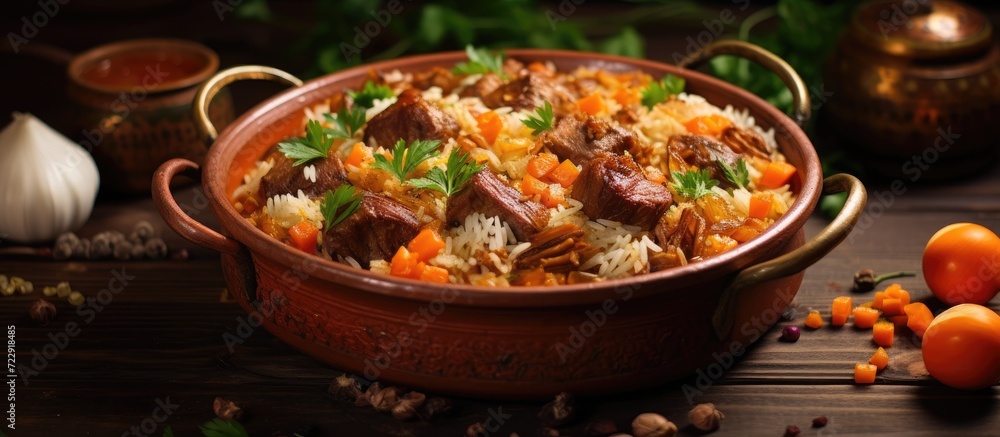 Sticker Fresh cooked wedding Uzbek plov in Tashkent Uzbekistan The signature dish of Uzbekistan is cooked with rice meat carrots and onions Pilaf is a traditional food at Central Asia. Creative Banner