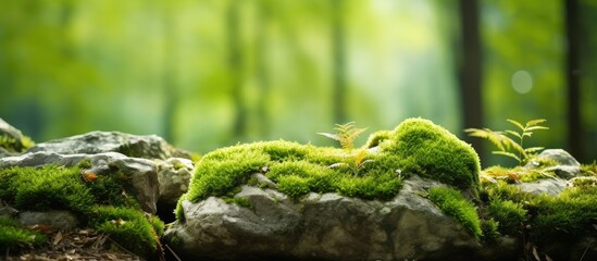 Obraz premium Green moss grows on rocks and trees selective focus. Creative Banner. Copyspace image