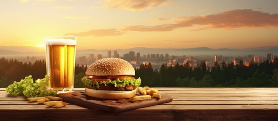 Hamburger Cheeseburger meal fastfood fast food with cola drink and French Fries on a wooden board panorama menu. Creative Banner. Copyspace image - obrazy, fototapety, plakaty