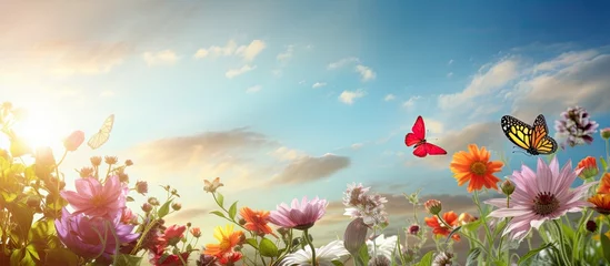 Poster How beautifully the yellow and orange flowers are blooming the butterflies are floating on the flowers it looks very beautiful full of green nature around the open sky is shining and the sun is © HN Works