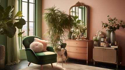 Elegant pink-toned dressing room with a vintage mirror and green velvet chair, showcasing interior design inspiration