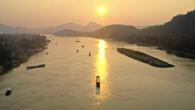 Drone aerial view of Luang Prabang along the Mekong river.