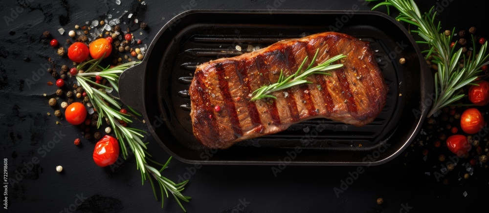 Poster grilled marbled beef steak striploin with spices in a grill pan place for text top view. creative ba