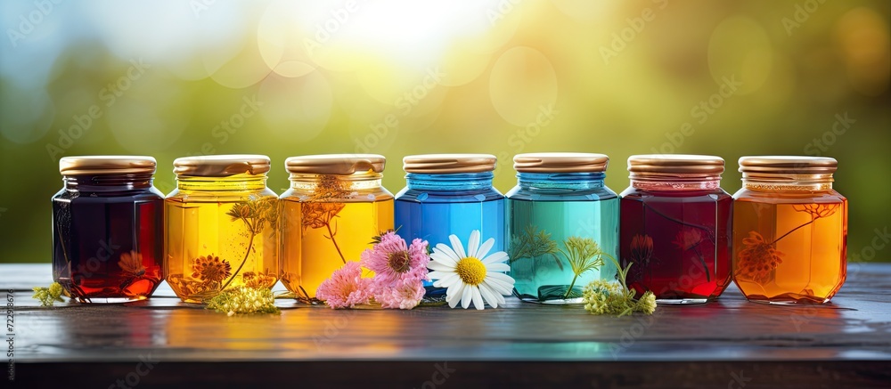 Poster hexagonal jars with different types and colors of fresh flower honey vitamin food for health and lif