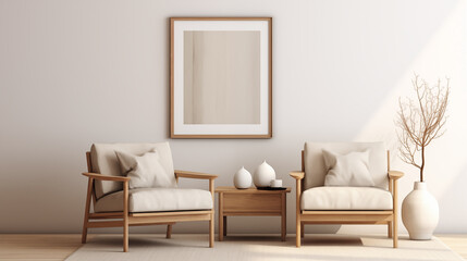 Serene living room with elegant wooden furniture and simple artwork, perfect for a calm and sophisticated interior setting