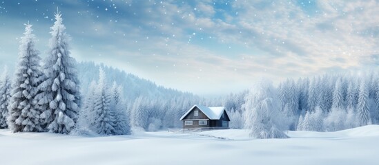 In front of a pine forest small wooden houses and pine trees stand in the snowfall Snowed in pine trees and a log cabin in front of the pine forest. Creative Banner. Copyspace image