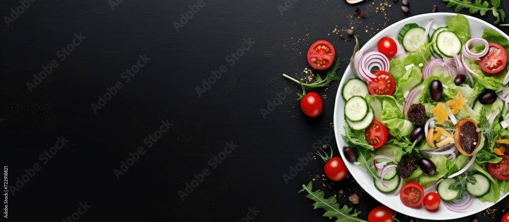 Poster healthy vegetable salad of fresh tomato cucumber onion spinach lettuce and sesame on plate diet menu