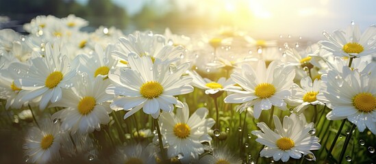 How beautifully the rain soaked white flowers are blooming in the middle Yellow color is seen in the middle It looks very beautiful The open sky is full of green nature and the sun is shining a