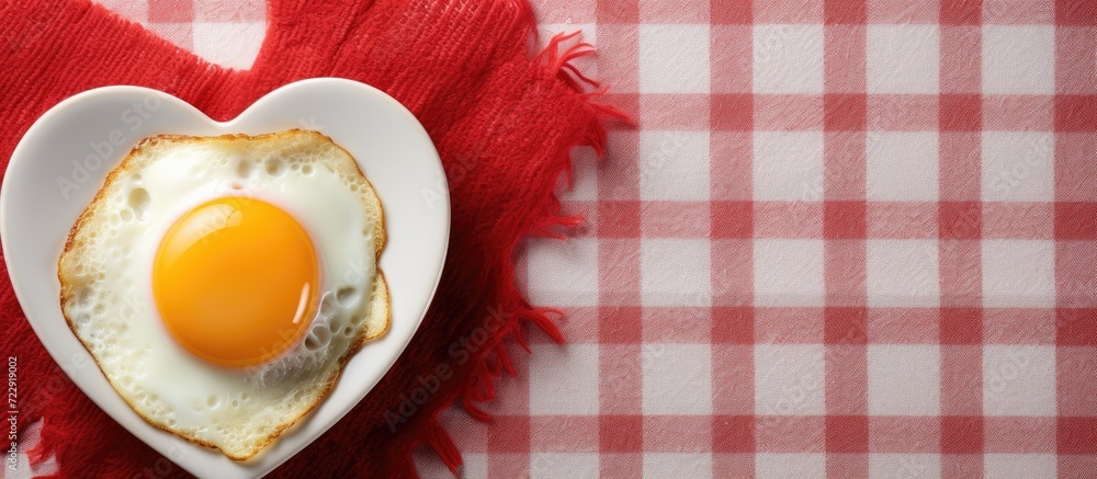 Poster fried egg in heart shape on vintage tablecloth breakfast for a loved one. creative banner. copyspace