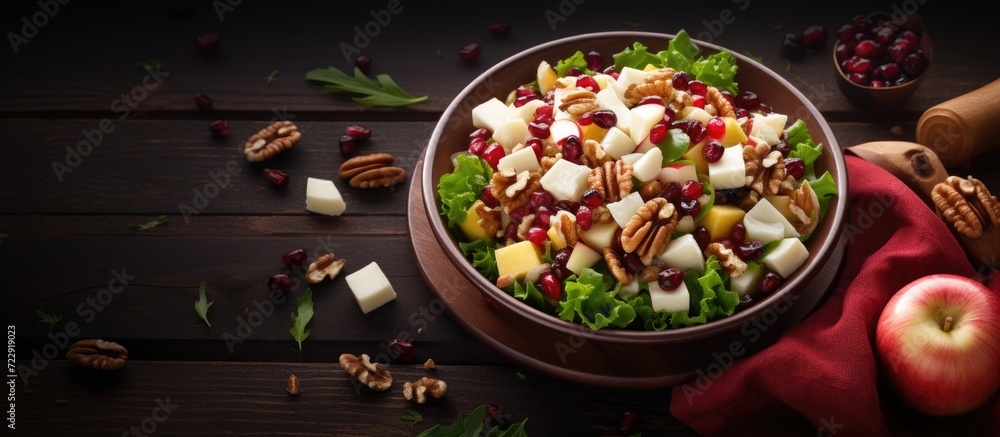 Poster homemade autumn apple walnut spinach salad with cheese and cranberries. creative banner. copyspace i