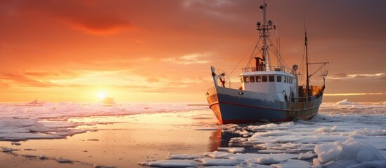Naklejka premium Frozen fishing vessel in coming back to the port at the sunset. Creative Banner. Copyspace image