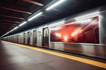 Advertising poster material displayed in a New York subway station with a moving train in the background.