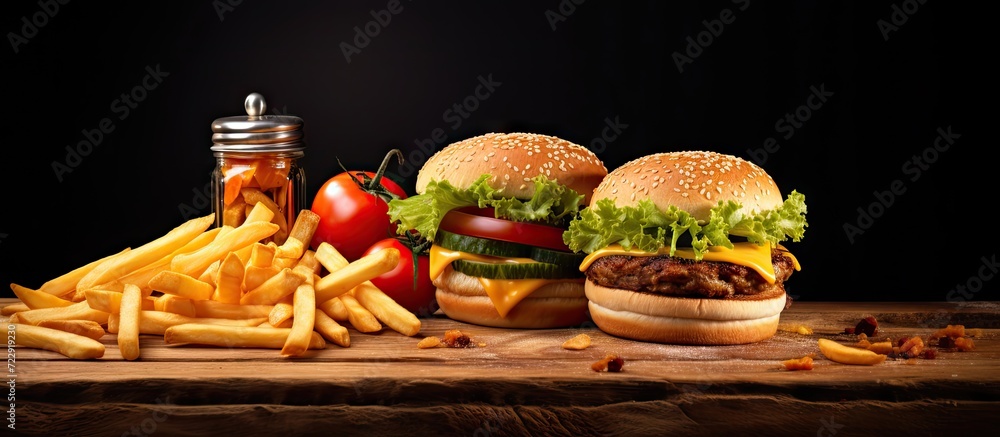 Poster french fries fall next to cheeseburger lying on vintage wooden cutting board freeze motion. creative