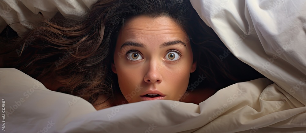 Sticker Funny young brunette woman in bed looking and peeking over sheets surprised. Creative Banner. Copyspace image