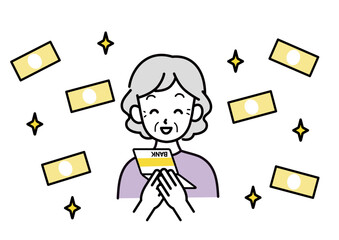 通帳を見て喜ぶシニア女性