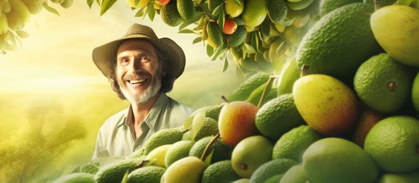 Happy gardener posing with full avocado boxes among trees and farmers in a large fruit farm. Creative Banner. Copyspace image