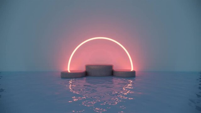 granite podium background with red neon arch stage at the sea for product, 4k Resolution. abstract luxury background.